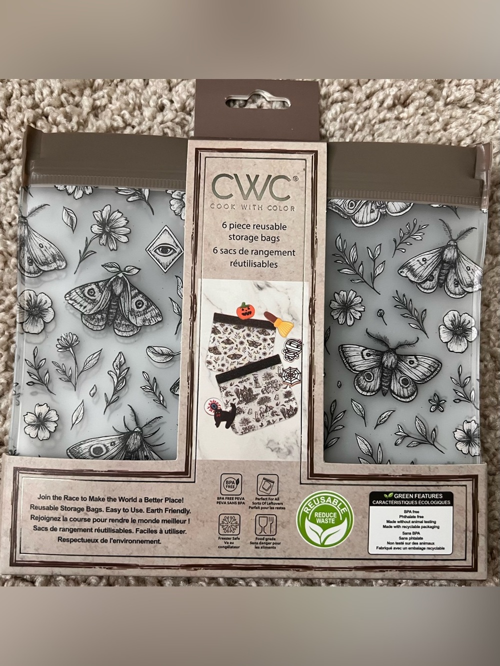 CWC Halloween Moth Witchy Graveyard Reusable Zip Storage Bags - (6) Piece